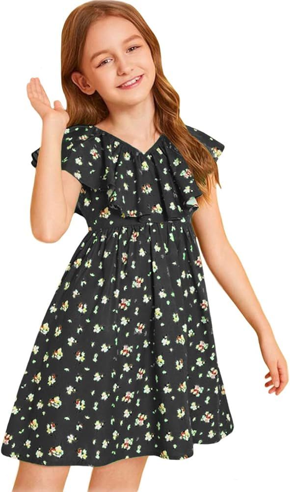 Girls Floral Dresses Kids Short Sleeve Ruffles Midi Dresses for Girls 6-12 Years | Amazon (US)