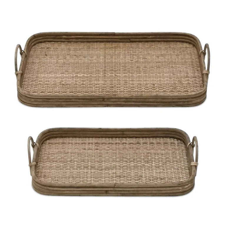 Melrose International Wood and Rattan Rectantular Woven Decorative Tray - Set of 2 | Walmart (US)