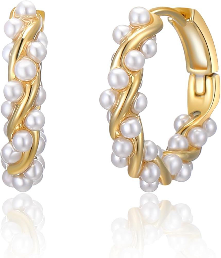 Aprilery Pearl Hoop Earrings for Women, Trendy 14K Gold Plated Round Pearl Cuff Hoop Earrings Hyp... | Amazon (US)
