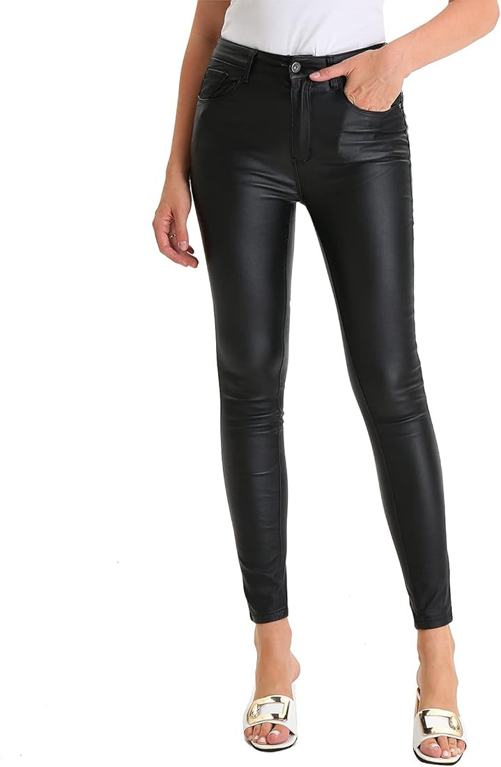 JEANIR Women's High Waist Elastic Hip Lift Skinny Black Leather Pants Elastic Waist Utility Pocke... | Amazon (US)