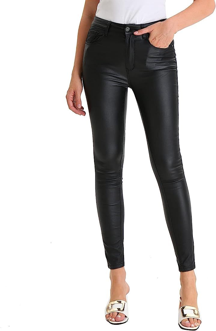 JEANIR Women's High Waist Elastic Hip Lift Skinny Black Leather Pants Elastic Waist Utility Pocke... | Amazon (US)