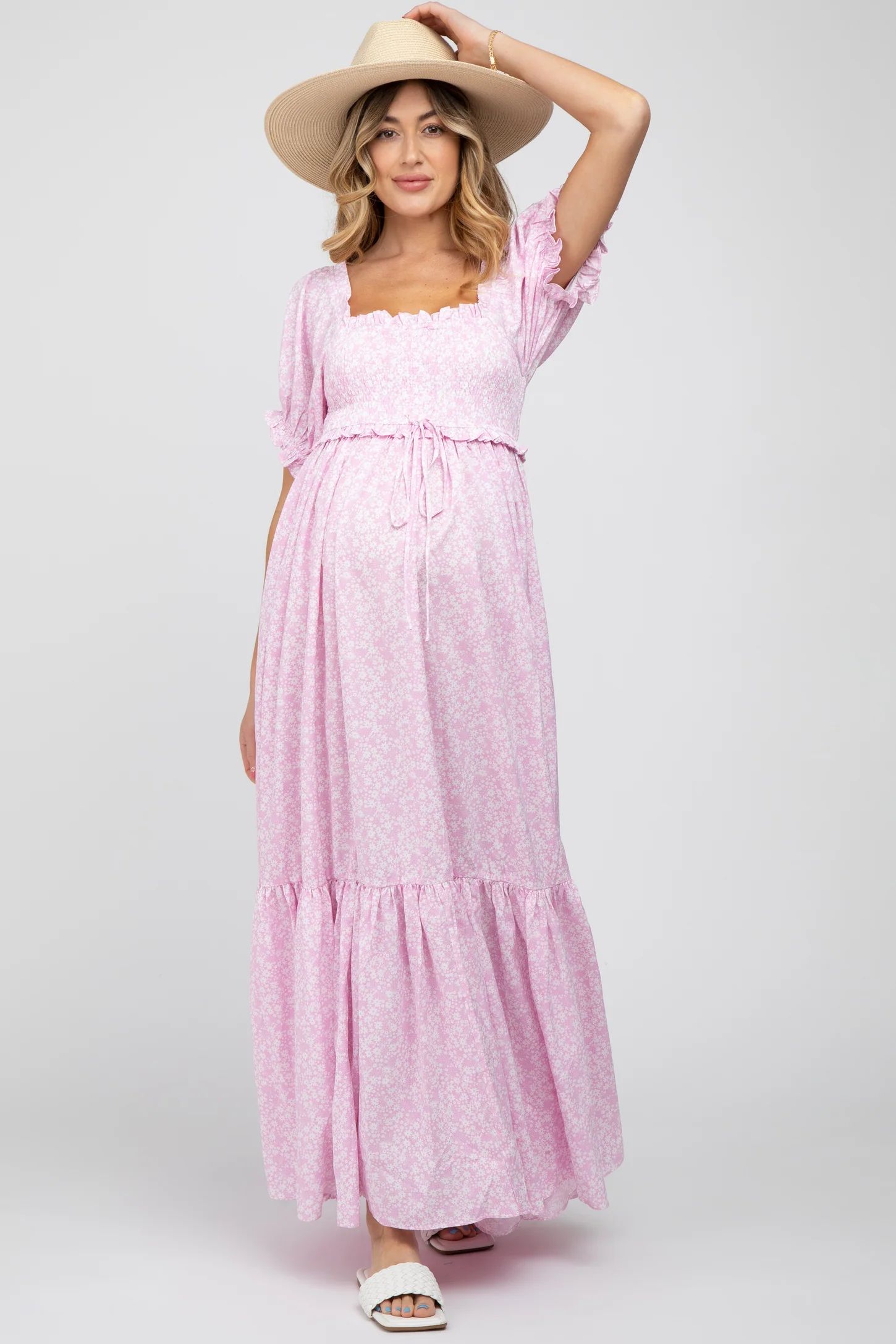 Pink Ditsy Floral Smocked Puff Sleeve Maternity Maxi Dress | PinkBlush Maternity