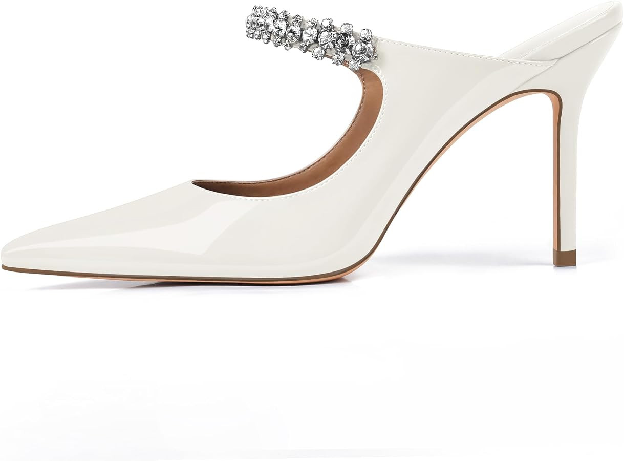 XINIUNIU Heeled Mules for Women Rhinestone Heels Pointed Toe Slip On 4 Inch Stiletto Closed Toe S... | Amazon (US)