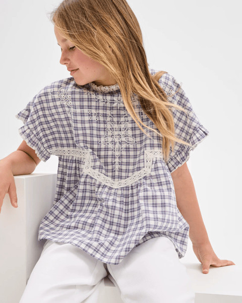 Woven Short Sleeve Embroidered Top - Check | Target AU