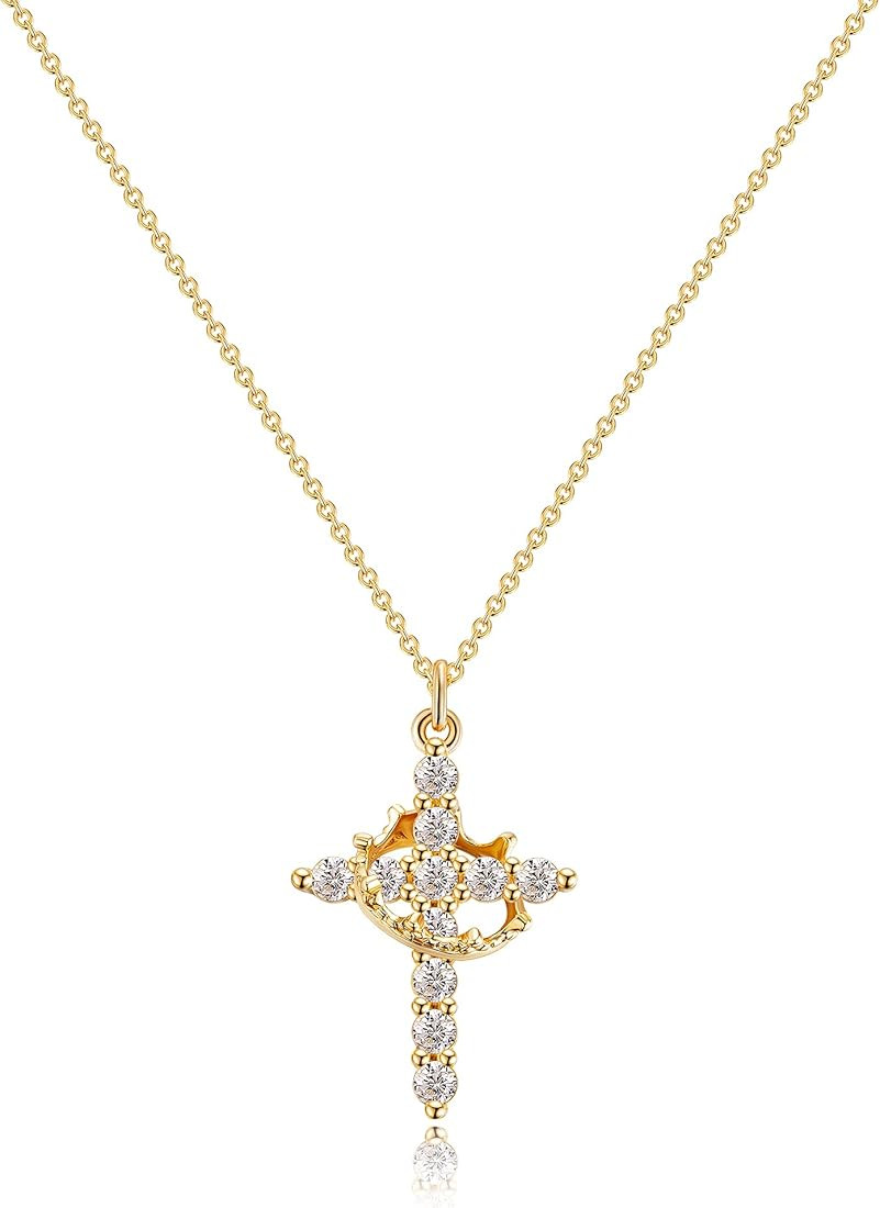 Crown Cross Necklace for Women 14K Gold Plated Crown Cross Pendant Necklace Simple Diamond Gold N... | Amazon (US)