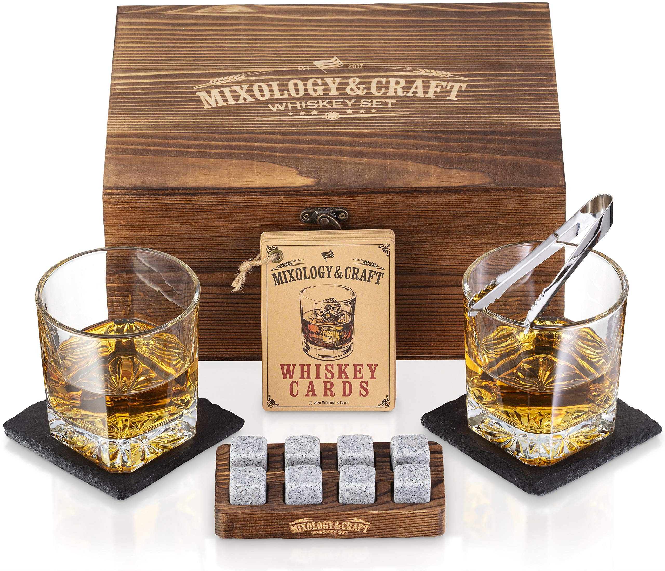 Mixology & Craft Whiskey Stones Gift Set, Two 10oz Crystal Whiskey Glasses, 8 Granite Chilling Ro... | Amazon (US)