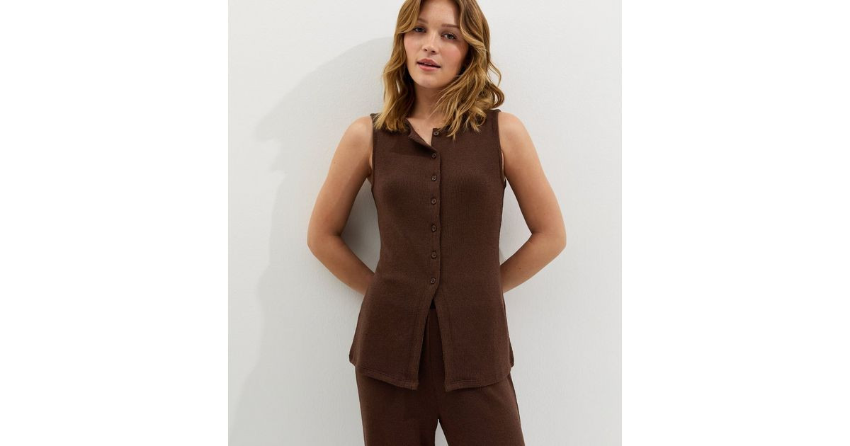 Dark Brown Textured Soft Touch Button Front Waistcoat | New Look | New Look (UK)