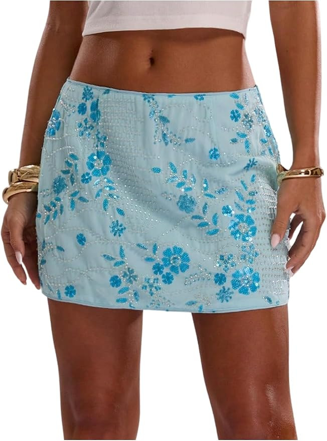 SweatyRocks Women's Sparkly Sequin Mini Skirt Floral Embroidery Y2k Party Club Going Out Summer S... | Amazon (US)