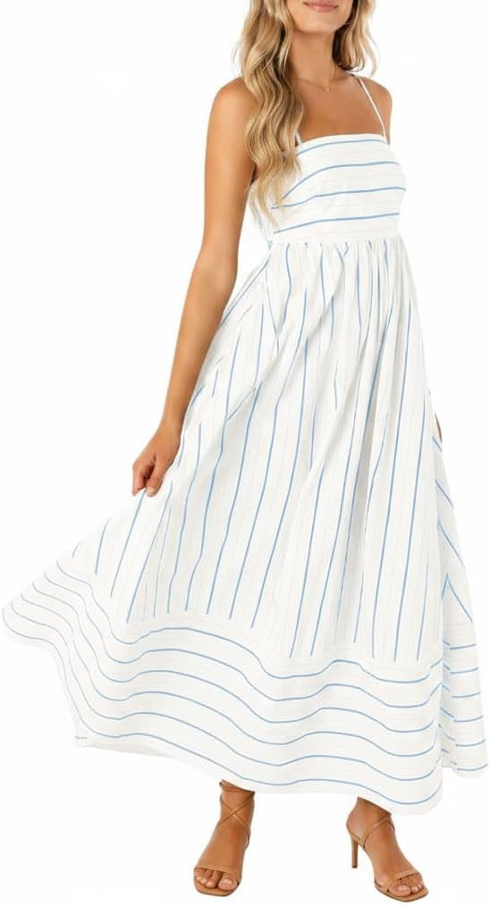 chouyatou Women's Striped Back Smocked Maxi Dress Sexy Spaghetti Strap Cut Out Flowy Swing Long D... | Amazon (US)