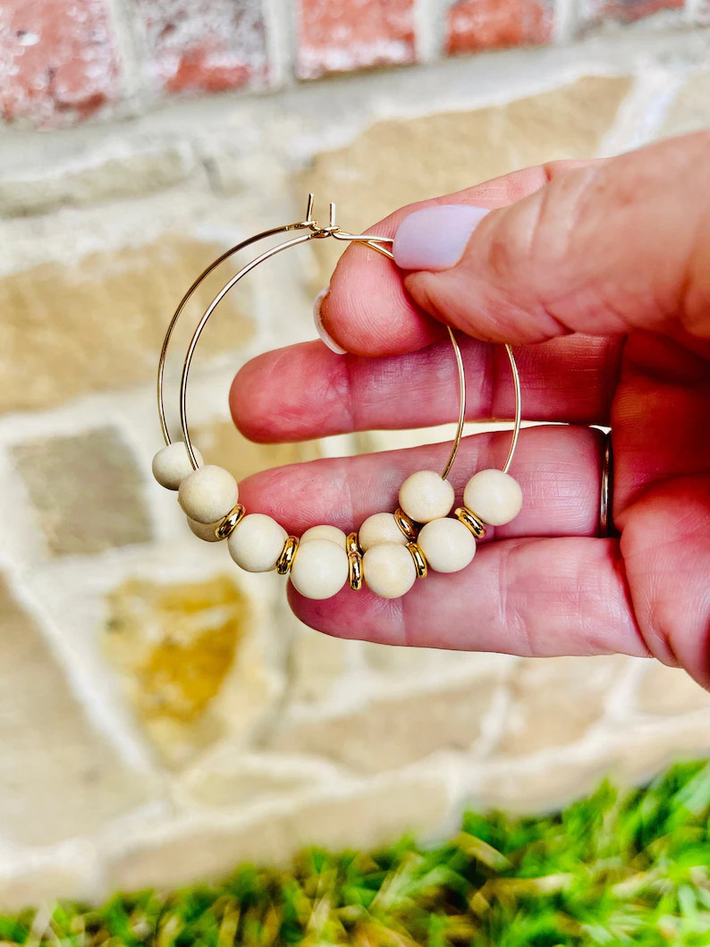 8mm Cream Bead/gold Spacer Gold Hoops - Etsy | Etsy (US)