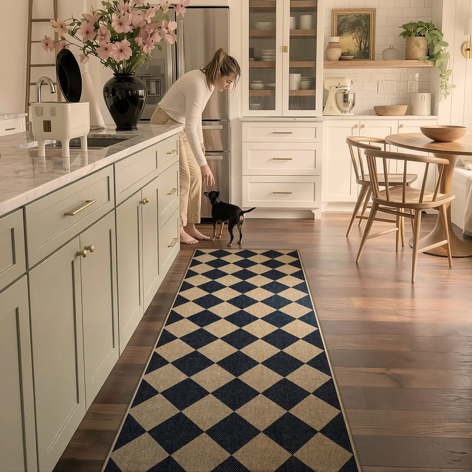 Coline Washable Geometric Checkered Easy Jute Black Indoor/Outdoor Runner Rug | Lahome