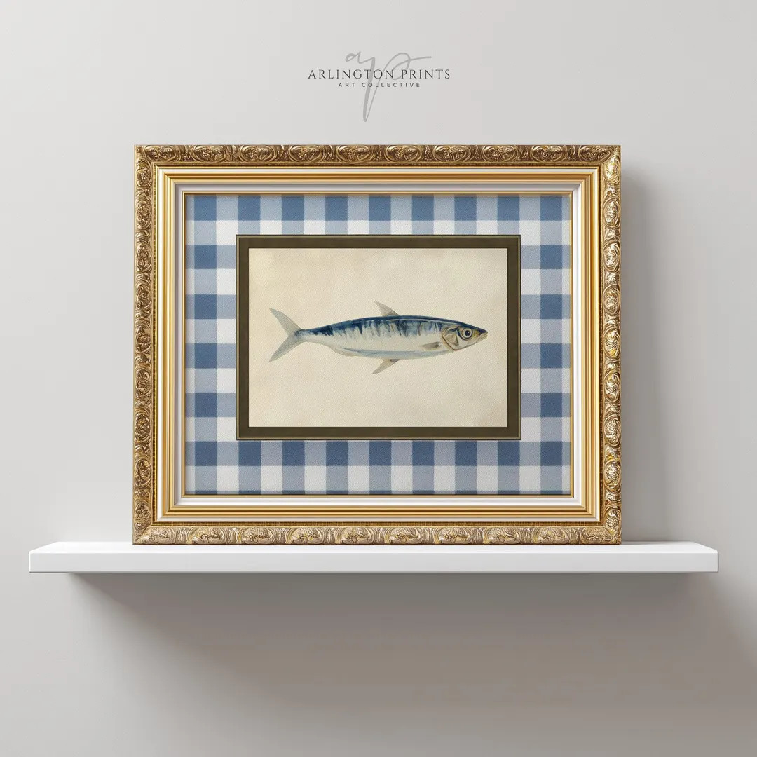 Blue Gingham Fish Wall Art, Coastal Grandmillennial Kitchen Decor, PRINTABLE French Bistro Style ... | Etsy (US)