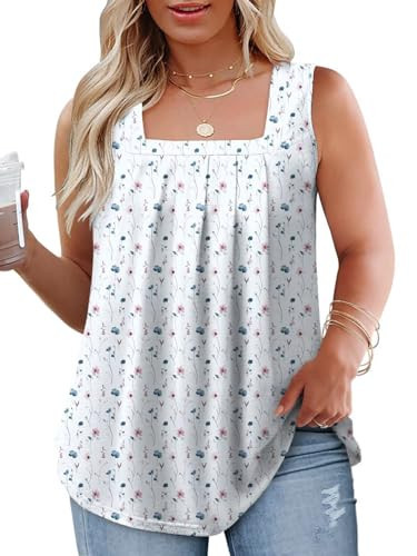Plus Size Tank Tops for Women Cute Sleeveless T Shirts Dressy Floral Print Square Neck Tunic YH008 4X | Amazon (US)