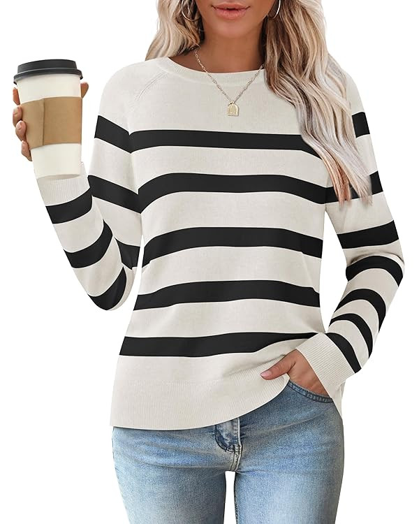 ZESICA Women's Long Sleeve Lightweight Striped Tops Fall Crewneck Ribbed Knit Loose Shirts 2025 T... | Amazon (US)