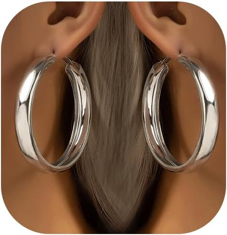 Chunky Gold Silver Hoop Earrings for Women Wide Flat Huggie Hoops Dangle Earrings Big Large Punk ... | Amazon (US)