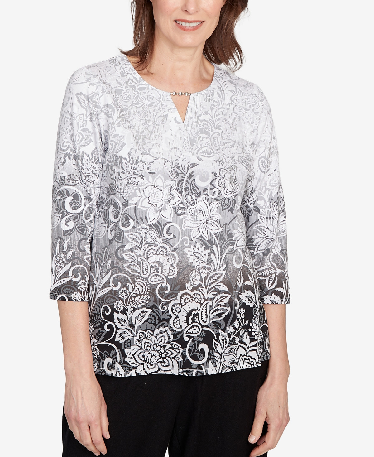 Alfred Dunner Petite Ombre Scroll Top - Gray | Macy's