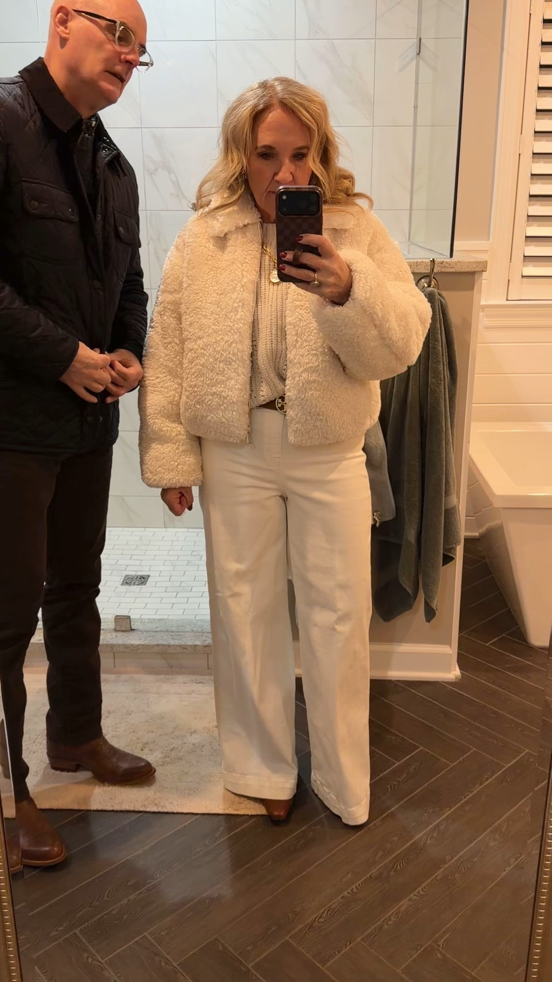 Spanx jeans medium petite 
Coat med petite 
Sweater medium 
Dougie is wearing his new Tecovas. He loves them. 
Date night cold weather date night winter white 

#LTKOver40 #LTKSeasonal #LTKSaleAlert