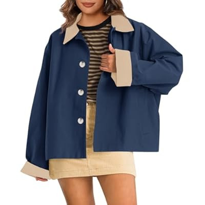 Tankaneo Womens Barn Jackets Lightweight Casual Oversized Contrast Collar Jacket Crop Trench Coat... | Amazon (US)