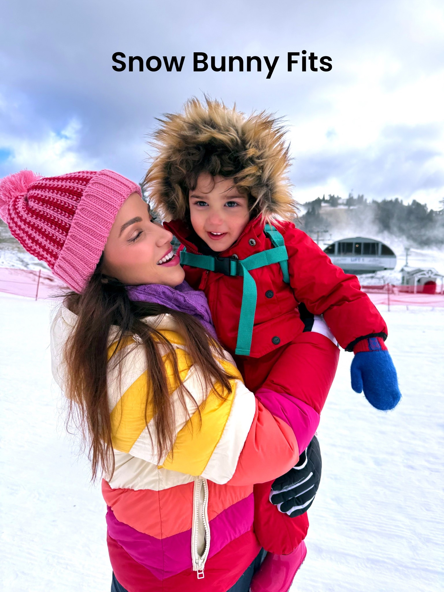 Mommy and me colorful winter fits for a snow day! Rainbow ski jacket and a pink beanie for mom and a red snowsuit and pink snow boots for her toddler.

#LTKmomlife #LTKootd #LTKBaby