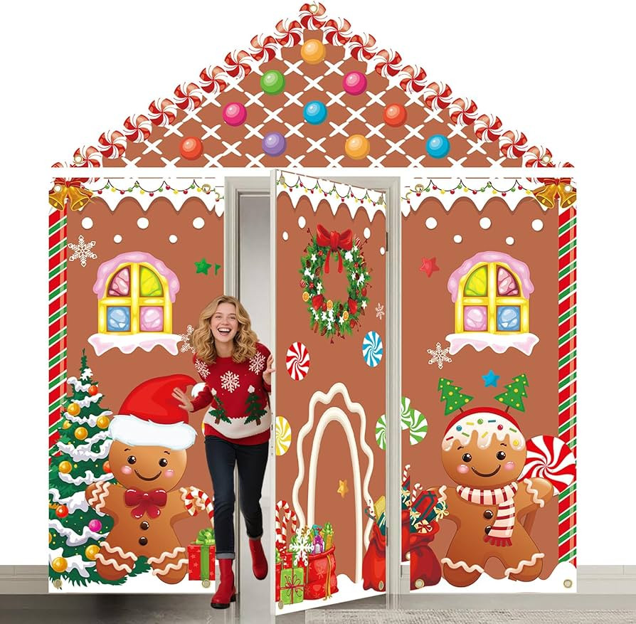4PCS Christmas Gingerbread Door Cover Decorations,Large Gingerbread House Decor Backdrop,Xmas Fro... | Amazon (US)