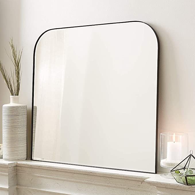 30x34'' Large Black Mantel Mirror Arched Rounded Corner Wall Mirror for Bathroom, Living Room or ... | Amazon (US)
