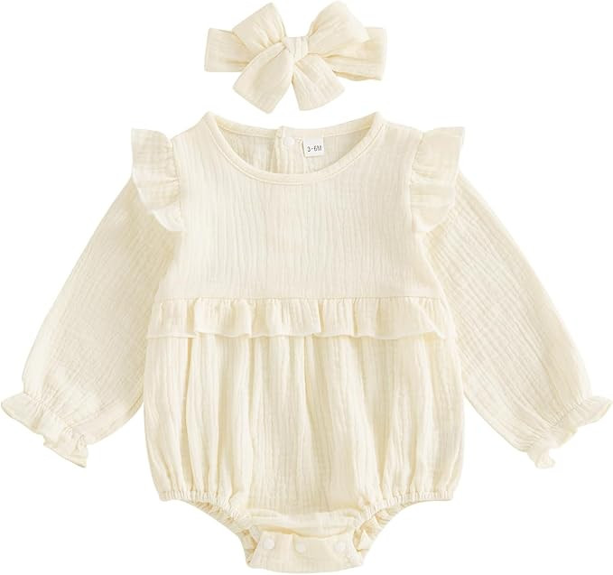 Newborn Infant Baby Girl Clothes Cotton Linen Long Sleeve Smocked Bubble Romper Ruffle Bodysuit J... | Amazon (US)