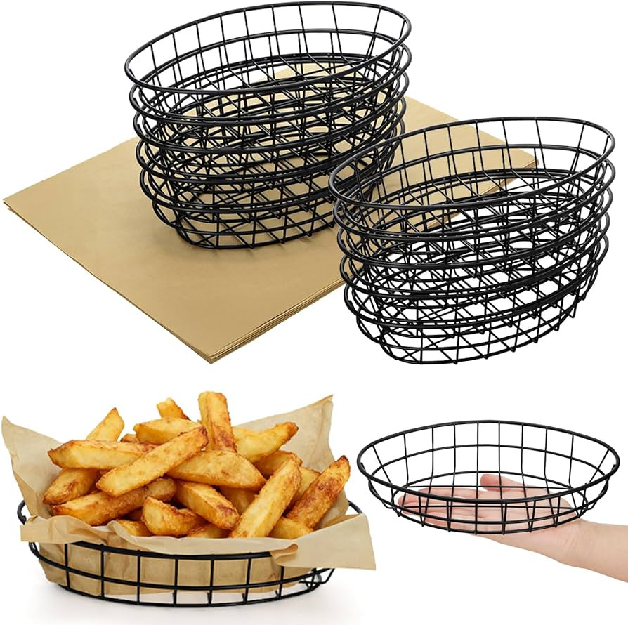 10 Pack 9.5 x 6.5 x 2 Inch Wire Bread Basket, Oval Metal Serving Basket with 50 Sheets Wrapper, R... | Amazon (US)