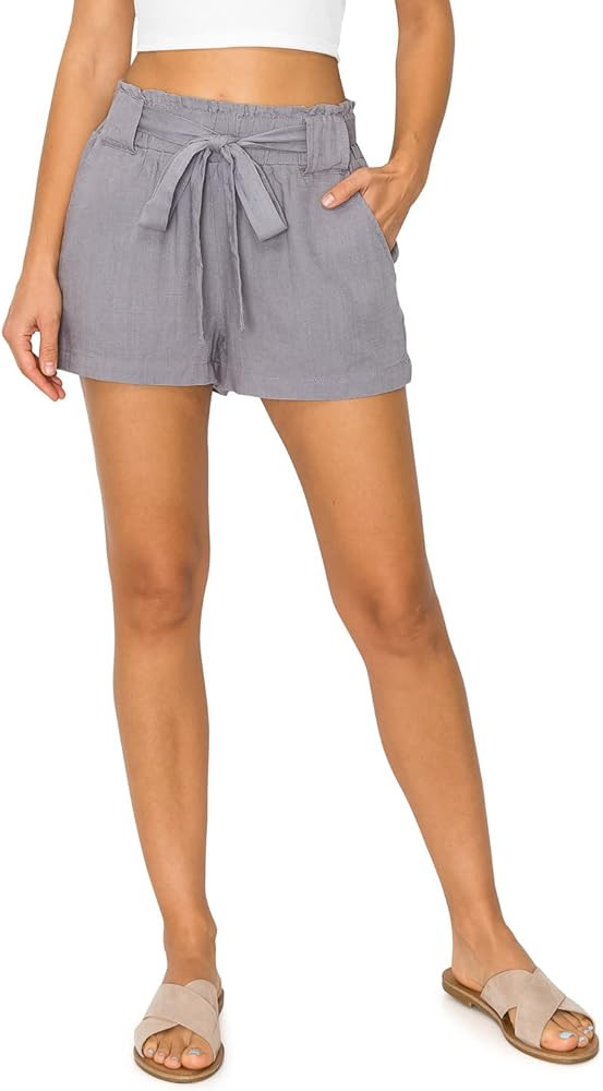 Cali1850 Women's Paperbag Linen Shorts - Oceanside Elastic Waist Self Tie Belt Paper Bag Beach Pa... | Amazon (US)