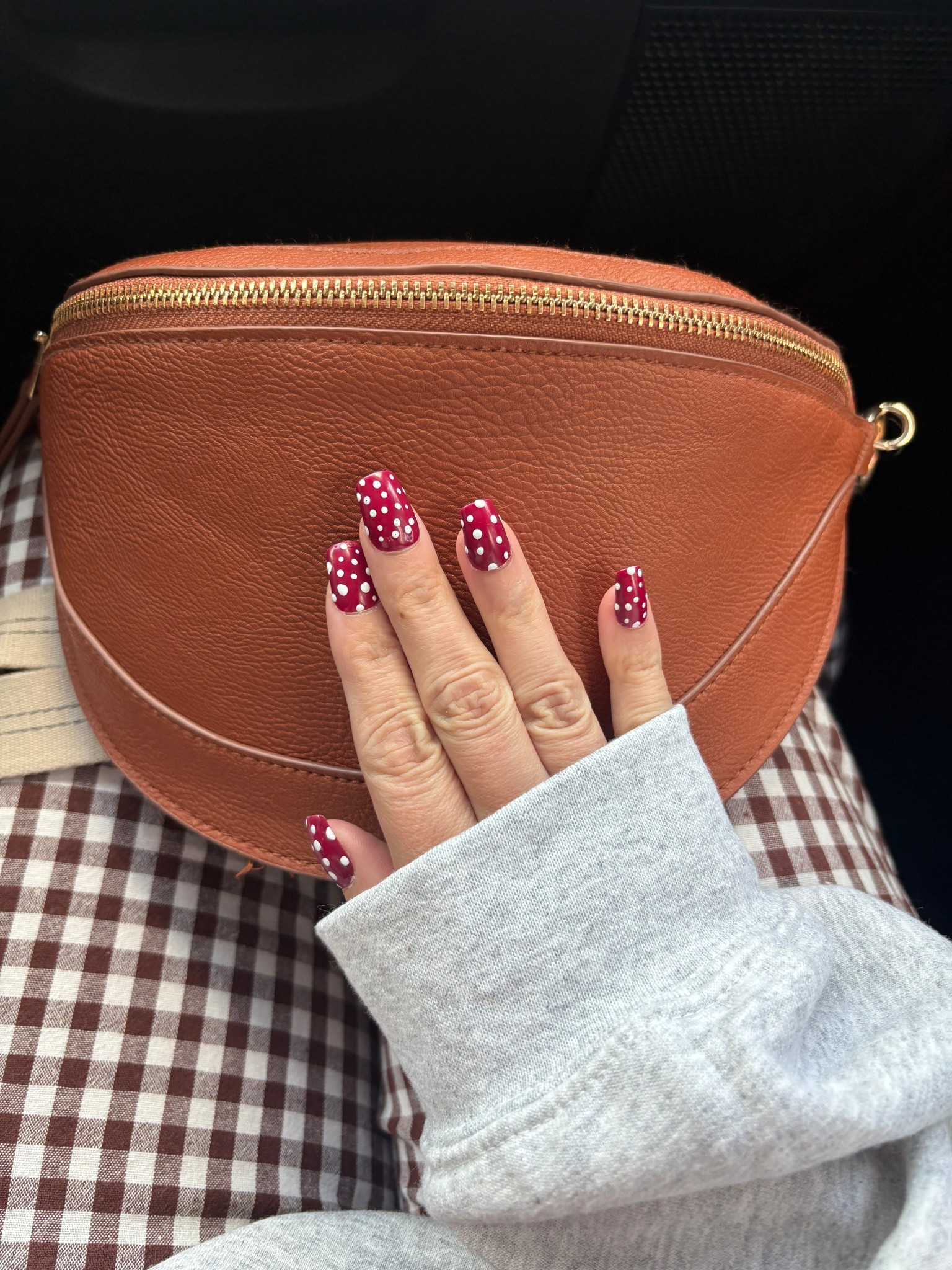 Fall Polka dot nails in burgundy 

#LTKStyleTip #LTKMidsize #LTKSeasonal