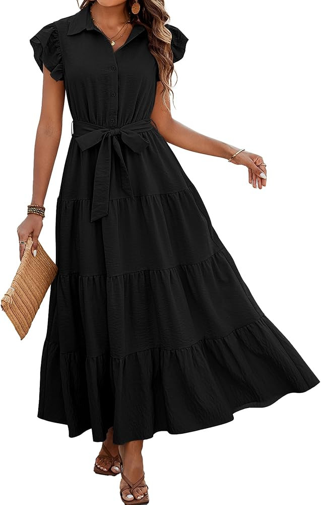 dowerme Women's Summer Casual Dresses 2025 Cap Ruffle Sleeve V Neck Button Belted Tiered Boho Max... | Amazon (US)