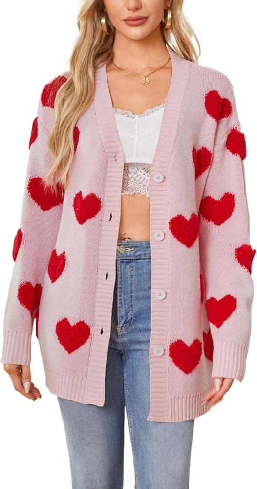 Women Cute Oversized Valentines Day Cardigan Sweater Kawaii Love Heart Button Up Preppy Knit Coat... | Amazon (US)