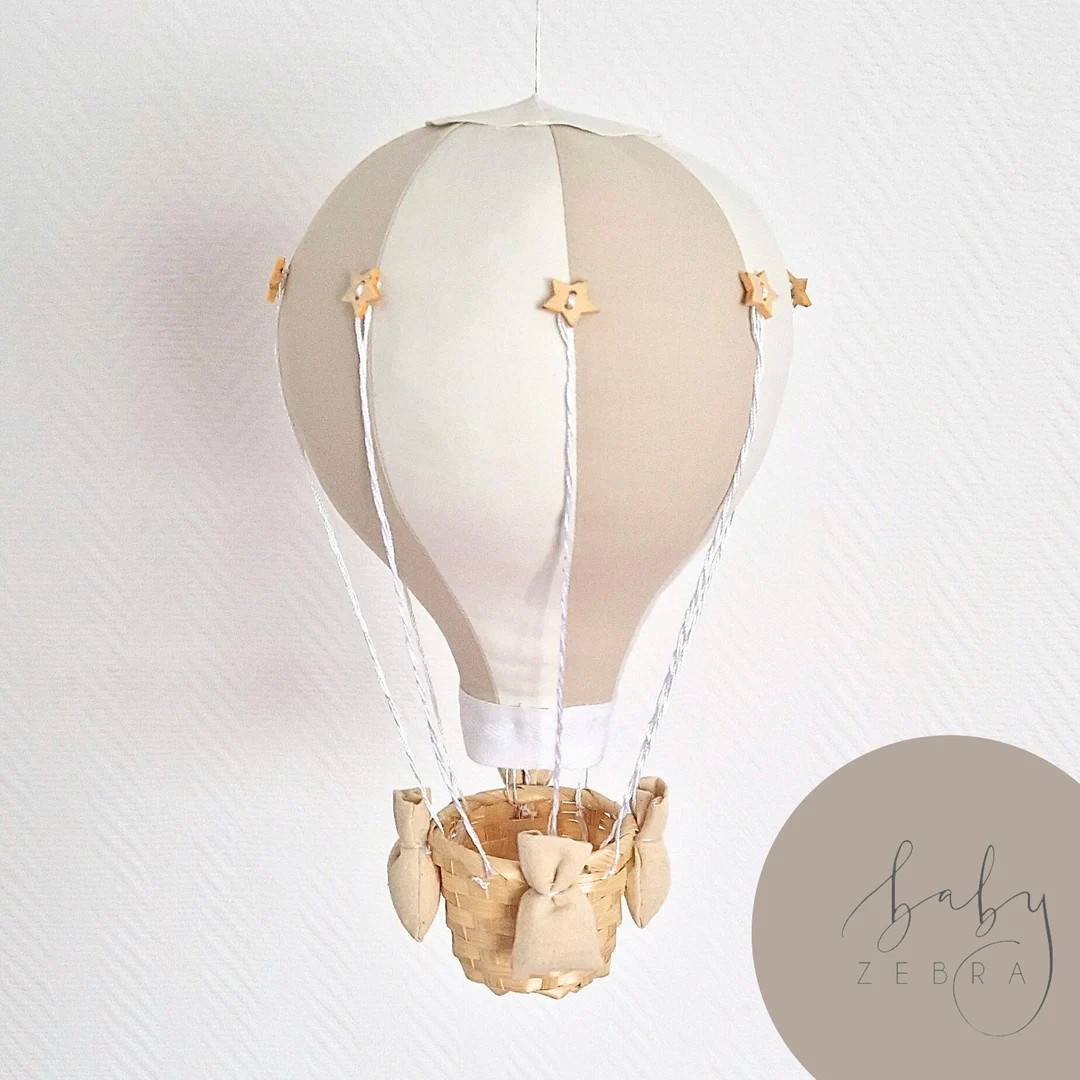 Beige and White Hot Air Balloon with wooden stars, baby shower gift travel theme nursery decor, H... | Etsy (US)
