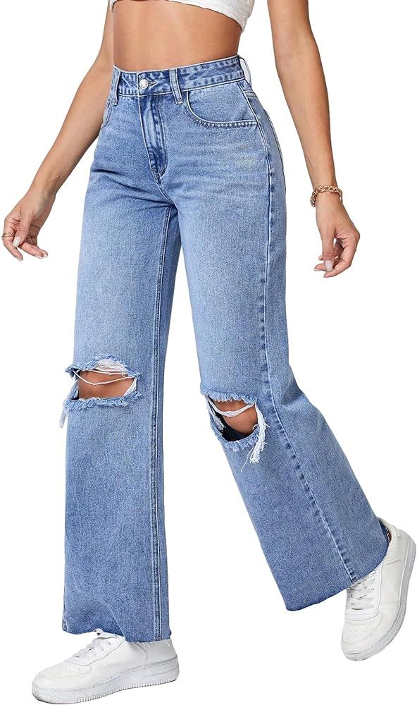 MakeMeChic Women's Casual Ripped Wide Leg Jeans High Waisted Distressed Loose Denim Pants | Amazon (US)