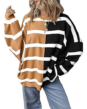 EVALESS Womens Striped Sweaters Long Sleeve Cable Knitted Color Block Casual Loose Lightweight Ov... | Amazon (US)