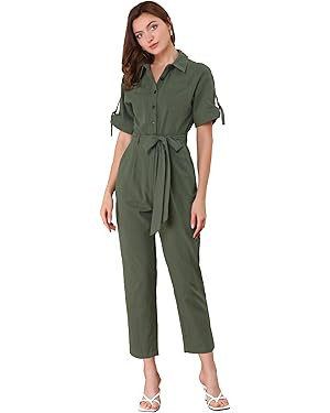 Allegra K Women's Short Sleeve Collared Cropped Coverall Button Down Tie Waist Cotton Cargo Jumps... | Amazon (US)