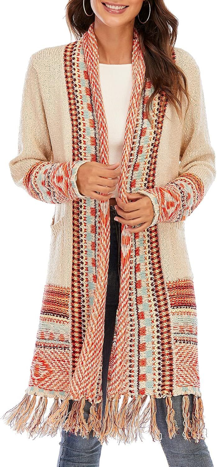 CGYY Women's Retro Style Hippie Pattern Long Tassel Cardigan Southwest US Boho Sweaters Aztec Car... | Amazon (US)