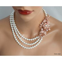 Rose Gold Bridal Pearl Necklace Rhinestone Brooch Wedding Jewelry, Darcie | Etsy (US)