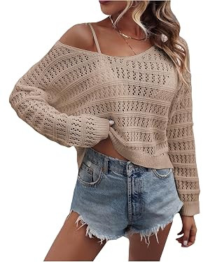 SHENHE Women's Crochet Hollow Out Drop Shoulder Beach Cover Up Scoop Neck Long Sleeve Sweater Top | Amazon (US)