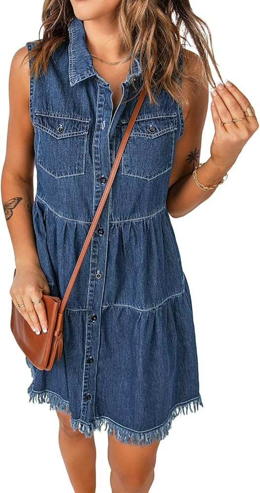 luvamia Women's Casual Summer Lapel Sleeveless Button Down Short Denim Jean Dress | Amazon (US)