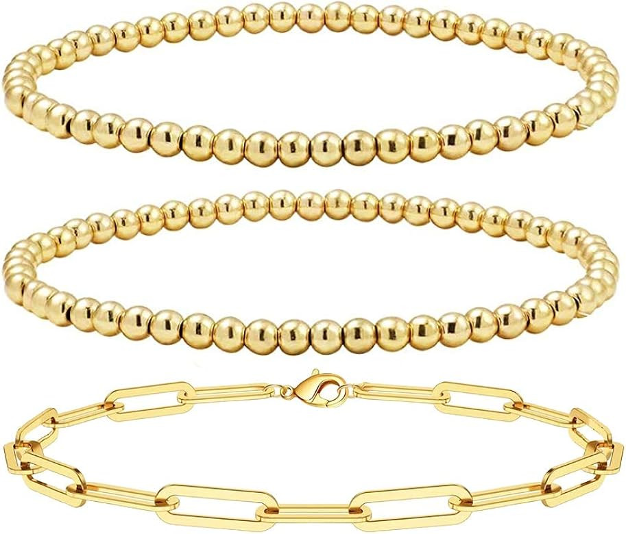 Reoxvo Gold Bead Layered Bracelets for Women,14K Gold Plated Beaded Ball Chain Bracelets for Women S | Amazon (US)