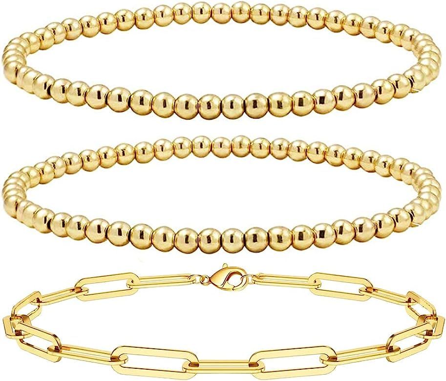 Reoxvo Gold Beaded Chain Bracelets Set for Women 14K Real Gold Plated Dainty Thin Gold Chain Link... | Amazon (US)