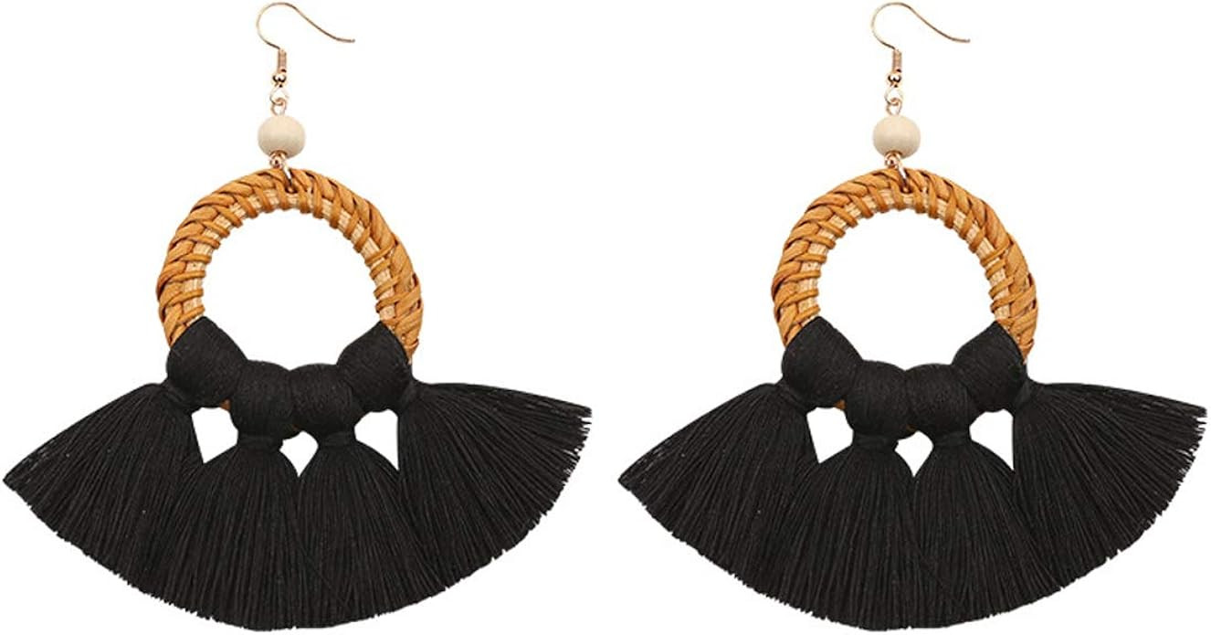 Boho Rattan Tassel Hoop Earrings Statement Fan Shaped Fringe Drop Dangle Earrings for Women Girls... | Amazon (US)