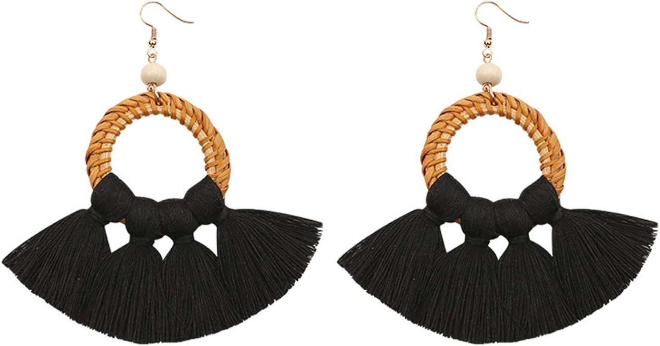 Boho Rattan Tassel Hoop Earrings Statement Fan Shaped Fringe Drop Dangle Earrings for Women Girls... | Amazon (US)