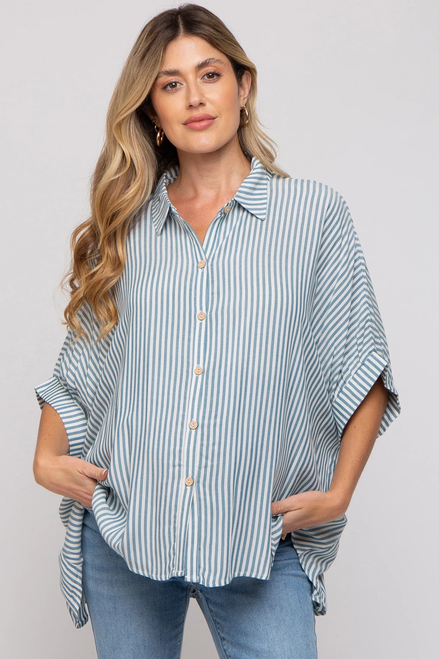 Teal Striped Button Up Dolman Maternity Top | PinkBlush Maternity