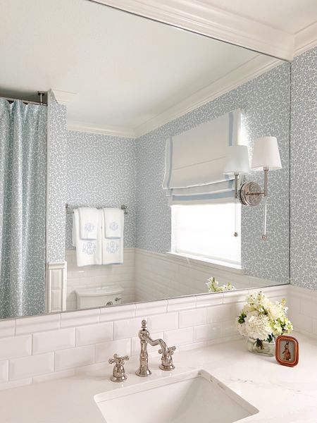 Guest bathroom 🤍 Wallpaper and shower curtain fabric is the “Dover” from Elliston House in the color pool. 

Use code LSS10 for 10% off your order at EllistonHouse.com. 

#LTKhome