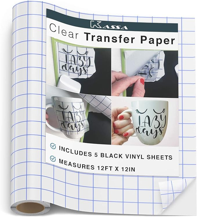 Kassa Vinyl Transfer Tape Roll (12” x 12 Feet) - 5 Black Vinyl Sheets Included - Clear Vinyl Tr... | Amazon (US)