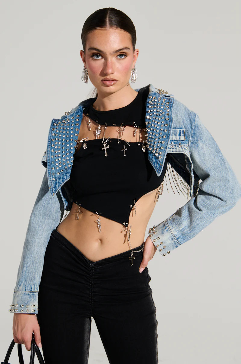 WATERFALL RHINESTONE CROPPED DENIM JACKET | AKIRA
