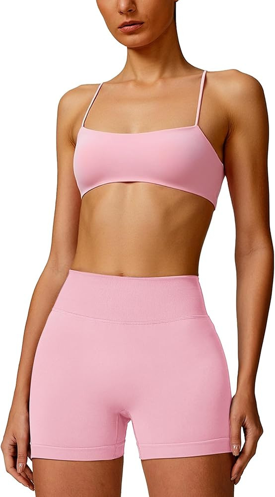 ABOCIW Workout Sets for Women Seamless Bandeau Strappy Sports Bra Scrunch Butt High Waist Biker S... | Amazon (US)