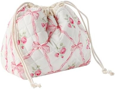 Cotton Quilted Drawstring Makeup Bag with Canvas Lining,Coquette Aesthetic Cute Travel Toiletry B... | Amazon (US)