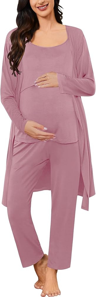 SWOMOG Maternity Nursing Robe Set 3 PCS Postpartum Pajamas Breastfeeding Pregnancy Robe & Camisol... | Amazon (US)